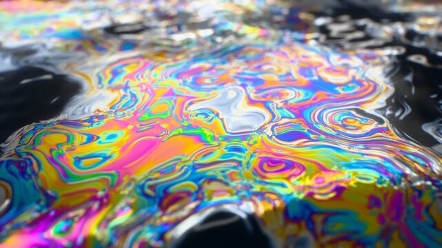Iridescent oil slick rainbow thin film swirls flowing on rippling dark water 3D macro depth of field seamless loop