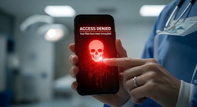 Cyber security alert on a smartphone showing a skull icon and access denied message, representing a data breach and threat.