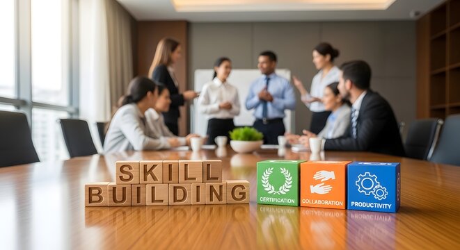Skill building with blocks and icons on a conference table with business people in background for the concept of business development and training.