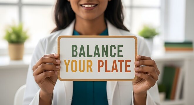 A woman in a lab coat holding a sign that says BALANCE YOUR PLATE to promote healthy eating and nutrition.