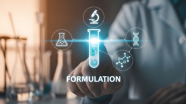 Scientist pointing at the word FORMULATION with scientific icons around a test tube for the concept of Scientific research and development.