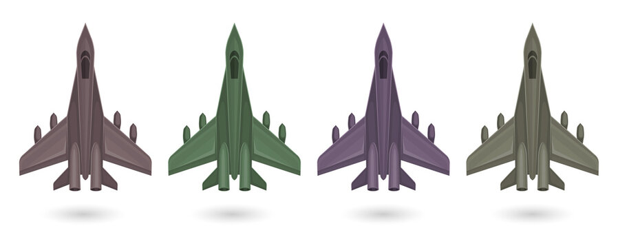 Set of four colorful military jet fighter planes in top view transparent background