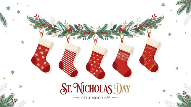 Festive garland banner with hanging christmas stockings and st nicholas day greeting text