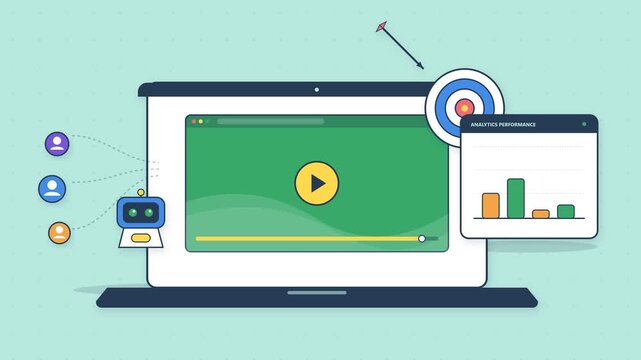 Flat vector animation of video marketing with audience engagement, AI assistance, targeted advertising and performance analytics on a teal background