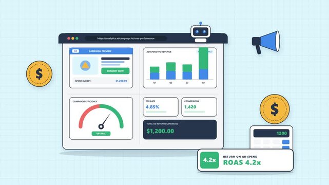 Flat vector animation of advertising analytics with performance gauge, financial calculations and a prominent ROAS 4.2x return on ad spend result
