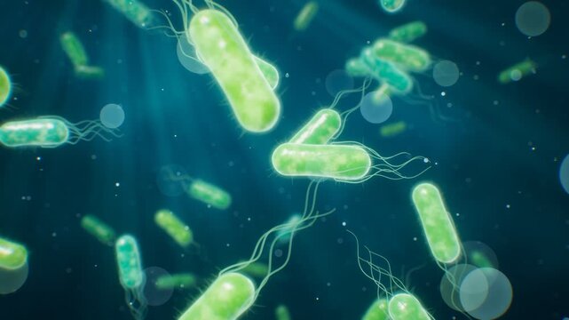 Rod shaped bacteria bacilli swimming with rotating flagella in microscopic fluid 3D animation