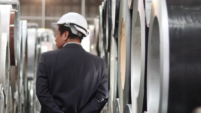 Asian senior manager in suit with helmet walking around to check large metal tube product at manufacturing plant factory. Owner businessman inspecting product and working area at industrial site.
