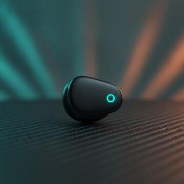 Black wireless earbud with glowing cyan LED ring on carbon fiber surface with dual tone lighting