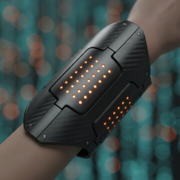 Futuristic cybernetic gauntlet bracelet with glowing orange LED matrix on human wrist