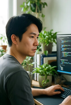 Software development and remote work, asian programmer writing code on computer at home office with plants in background for digital technology career