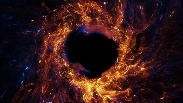 Glowing fire and blue energy particles spin around a dark center to form a dynamic visual effect