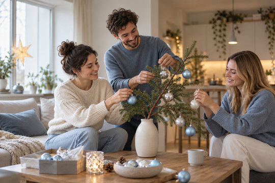 A shared apartment decorates a small Christmas branch instead