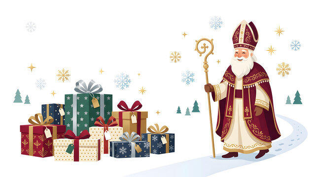 Saint nicholas walking through snowy landscape with pile of wrapped gift boxes nick santa claus