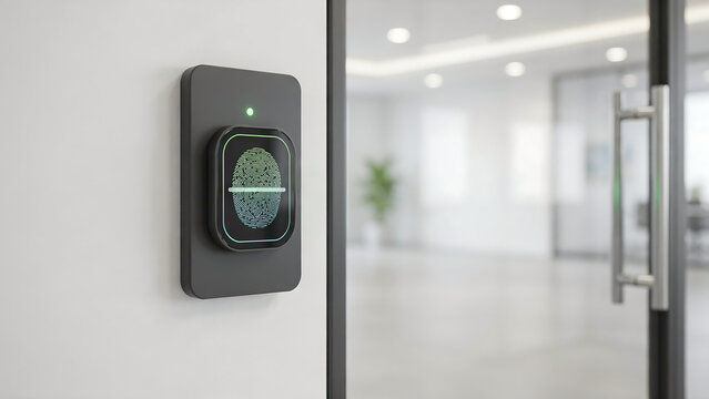 Biometric fingerprint scanner with green LED on dark wall panel next to glass office door in modern corporate interior for access control and security authentication concept