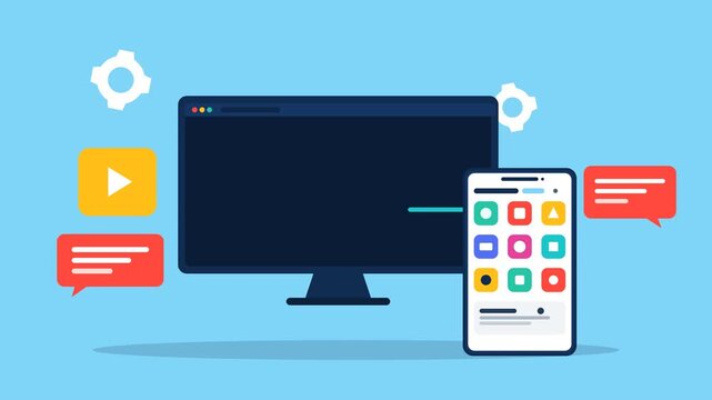 Flat vector animation of software development with computer code editor, smartphone app grid, chat bubbles, video player and gear icons on blue background
