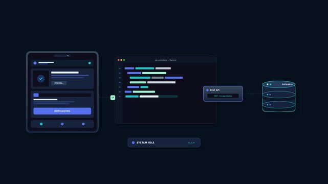Seamless 2D animation of full stack mobile app development workflow with interface design, backend programming, API data transfer and database integration