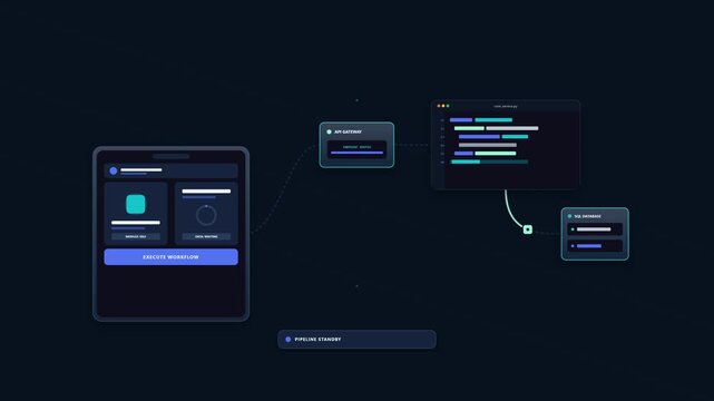 2D motion graphic of an isometric flat pipeline connecting UI component modules, API middleware nodes and database storage in app development