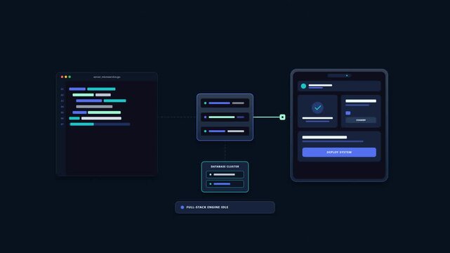 2D motion graphic of mobile app UI wireframes linking to cloud servers, backend microservices and database clusters in a full stack workflow