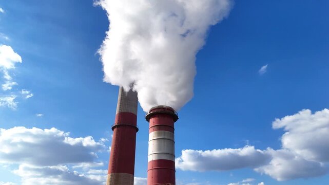 Industrial smokestacks releasing white smoke into a clear blue sky with fluffy clouds, showcasing the continuous flow of emissions from the power plant's chimneys in a vibrant urban landscape