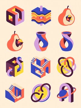 Collection of surreal isometric objects with impossible stairs