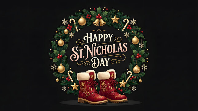Happy st nicholas day text inside christmas wreath above red winter boots with holiday pine garland