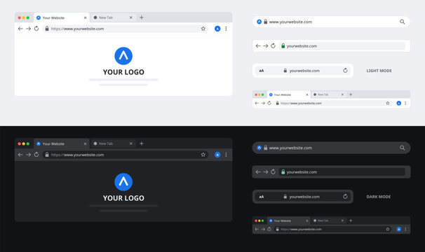 Light and Dark Browser URL Bar Template, Website Logo Mockup with Address Bar, Tabs and Domain Field, Web Browser Window UI Vector Illustration
