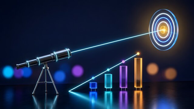 Telescope aiming a laser beam at a glowing target bullseye above a rising chart, future business vision and financial forecasting concept