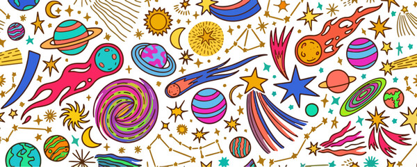 Colorful Outer Space Doodle Seamless Pattern with Planets, Stars, Comets, Galaxies, and Constellations on White Background © BhavanaSatya