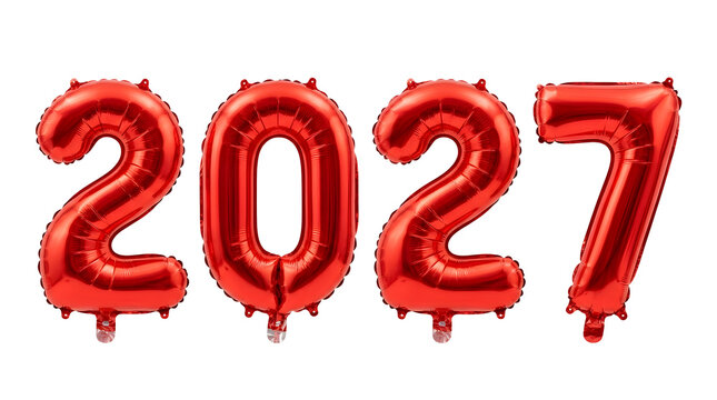 Four shiny metallic red foil balloons shaped like the numbers two, zero, two, and seven are arranged in a straight horizontal line to form the year twenty twenty-seven against a plain background