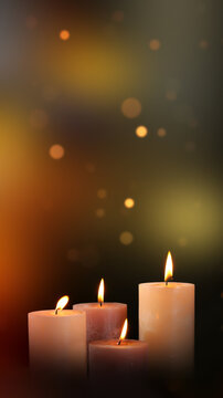 four burning candles isolated on abstract blurred background with shiny defocused lights and copy space, festive contemplative social media template for greeting card