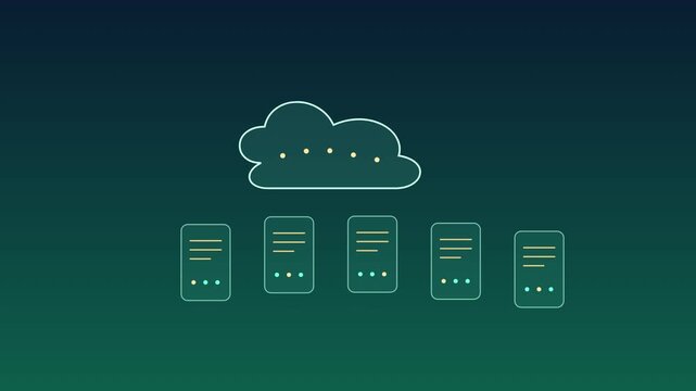 Digital cloud computing network visualization showing multiple connected servers transferring data continuously