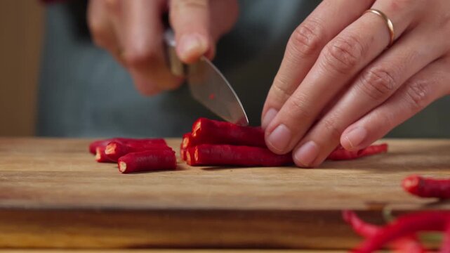 Chopping Fresh Red Chili Peppers into Small Pieces on a Wooden Cutting Board