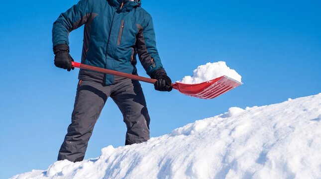 Snow removal and winter yard maintenance concept photo. Person wearing teal winter jacket and black gloves using a red snow shovel to clear fresh snow from a drift under a clear blue sky