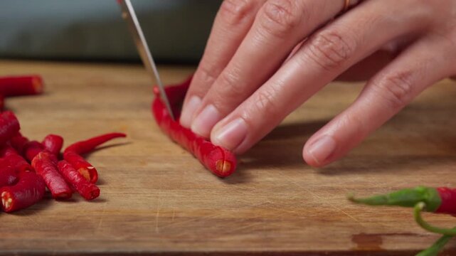 Cutting a Fresh Red Chili Pepper Lengthwise and Removing Its Seeds