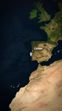 Vertical satellite map zoom to Lisbon, Portugal with a location pin marker and text. Perfect for short-form social media travel promos, mobile app backgrounds, and digital advertising campaigns.

