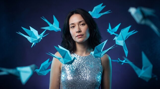 Woman in silver sequin top, Geometric cyan origami swallows swooping, Dreamlike studio lighting portrait, Conceptual fashion photography, Cool futuristic blue background