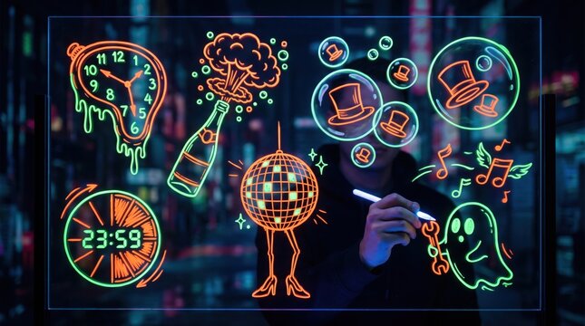 Hands drawing neon party icons of a melting clock, champagne, disco ball, top hats, musical notes, and ghost on a transparent glass mirror overlay for celebration event