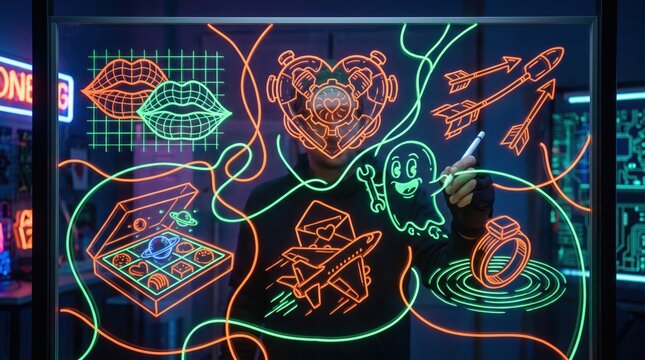 Romantic event and travel concept, hand interacting with neon icons of airplane, diamond ring, and mechanical heart on glass, love planning, romantic getaway, anniversary, passion