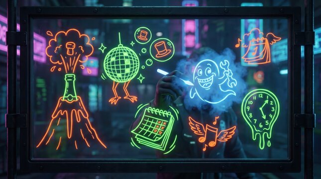 Event planning and celebration concept, hand drawing neon icons of champagne, disco ball, and calendar on transparent screen, party coordination, festive schedule, time management