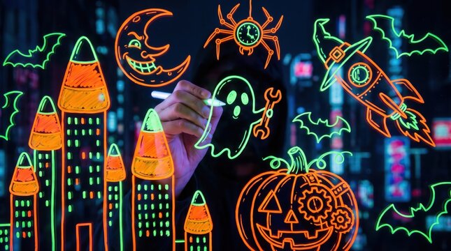 Halloween event and spooky celebration concept, hand drawing neon icons of pumpkin, ghost, and bats on transparent glass, thematic party design, creepy atmosphere, seasonal art