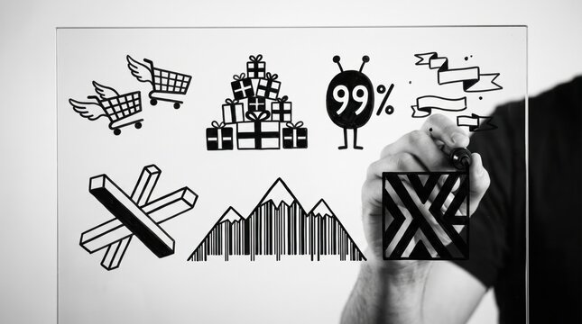 Digital drawing event concept, hands interacting with icons of winged shopping carts, gift boxes, 99% discount character, and barcode mountains on glass mirror, transparent overlay design