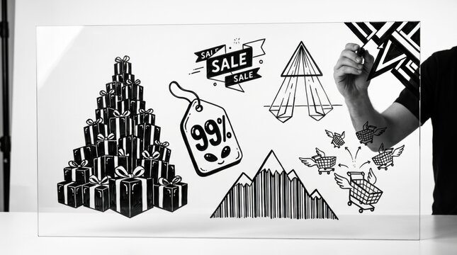 Digital drawing event concept, hands interacting with icons of a gift box pile, sale banners, 99% discount tag, and flying shopping carts on glass mirror, transparent overlay design