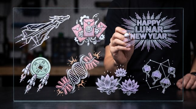 Holiday event promotion concept, hands interacting with icons of dragon, red envelopes, lanterns, and lotus flowers, lunar new year celebration, digital festive marketing, cultural event