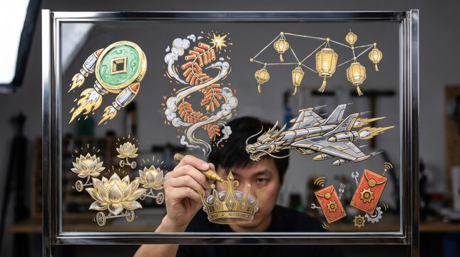 Futuristic tradition and technology concept, person drawing icons of dragon jets, coin rockets, lanterns, crowns, and red envelopes on glass, innovative design, cultural evolution