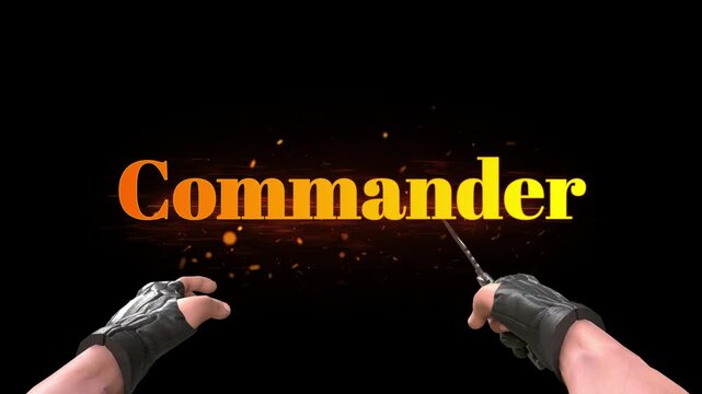First person tactical hand movement holding tactical blade against glowing commander text overlay background with background floating golden