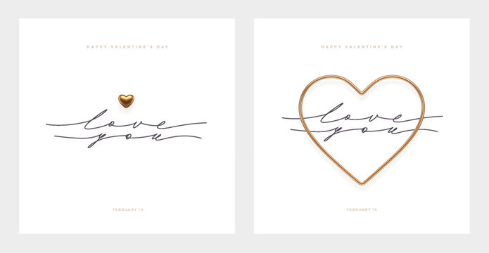 Elegant Valentine's Day Card Set with Golden Hearts and Handwritten Love You Lettering on White