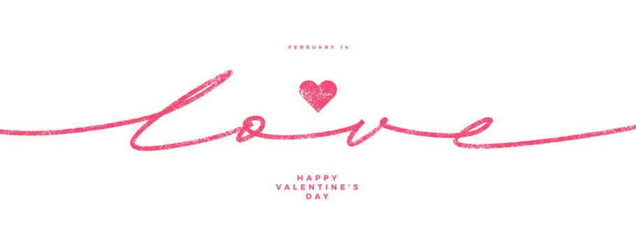 Happy Valentine's Day Banner with Pink Handwritten Love Lettering and Grunge Heart on White Background