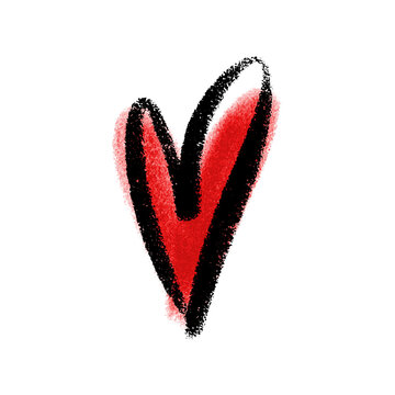 Red Hand Drawn Heart with Black Grunge Brush Outline and Watercolor Texture Isolated on White