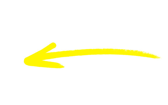 Bold bright yellow horizontal arrow pointing left isolated on white background, minimalist abstract graphic design symbol, modern creative direction sign vector style, vibrant pointer for digital web 