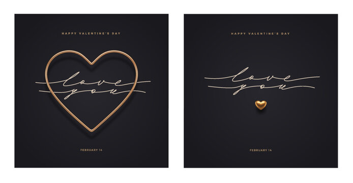 Luxury Valentine's Day Card Set with Golden Hearts and Handwritten Love You Lettering on Black Background